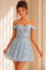 light blue off the shoulder glitter dress with beaded waist and a line skirt