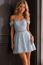 light blue off the shoulder dress with boned corset bodice and rhinestone belt