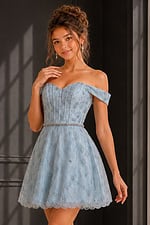 light blue off the shoulder glitter dress with scalloped hem and full skirt