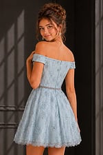back view of light blue off the shoulder dress with embellished corset bodice