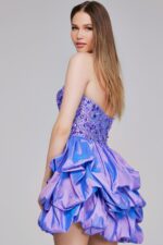 Model wearing Jovani K07390 lilac short dress with beaded sweetheart neckline and ruffled skirt, back view.
