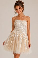ivory floral lace strapless fit and flare girls dress with tulle skirt
