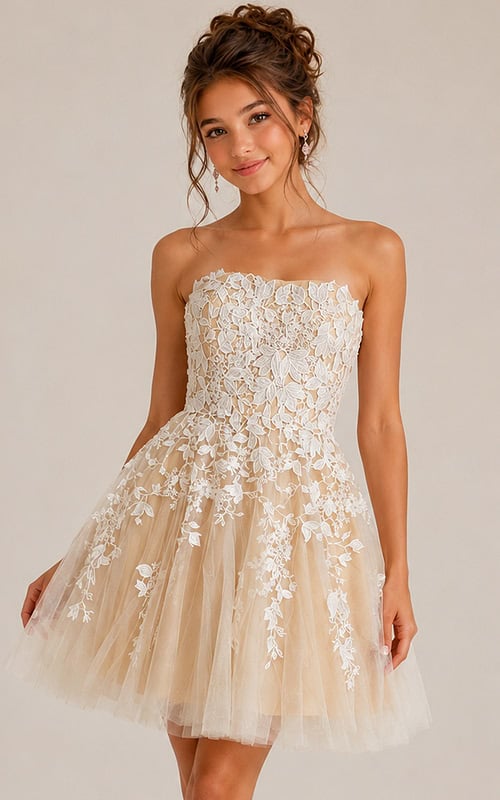 ivory floral lace strapless fit and flare girls dress with tulle skirt