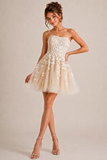 ivory floral applique strapless dress with flared tulle skirt, full length front view
