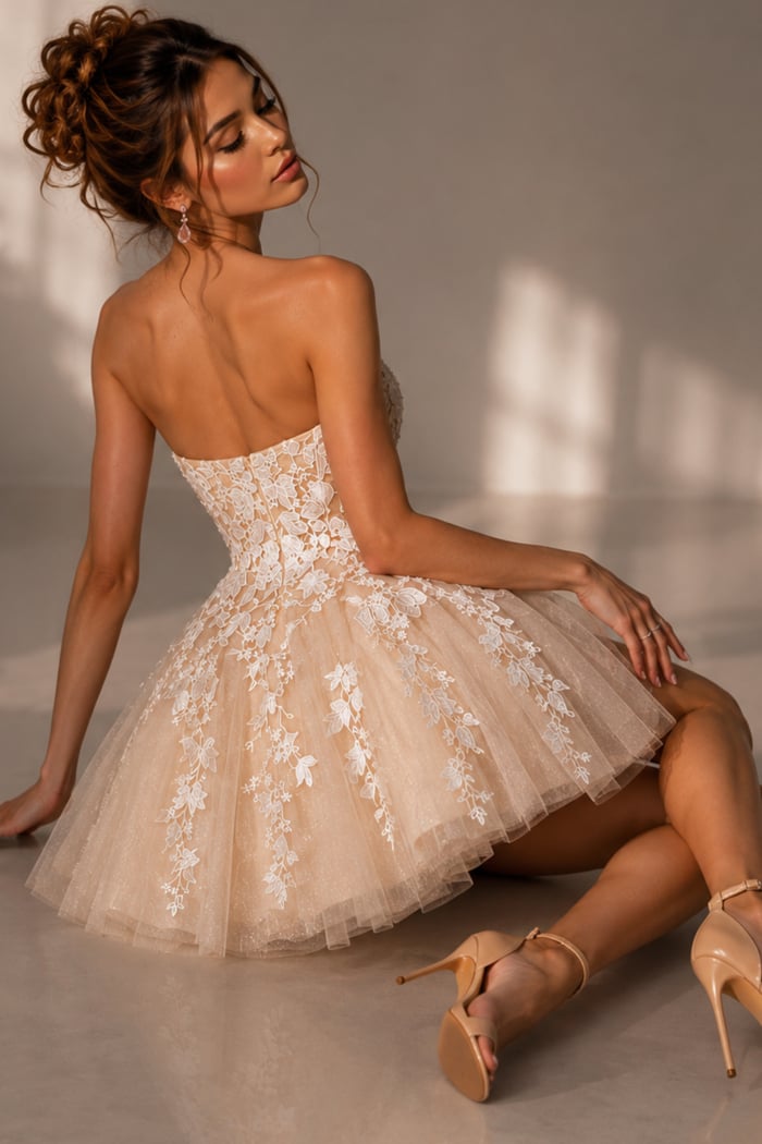 ivory floral lace short dress with strapless bodice and layered tulle skirt