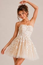 ivory crochet floral applique party dress with strapless bodice and full tulle skirt