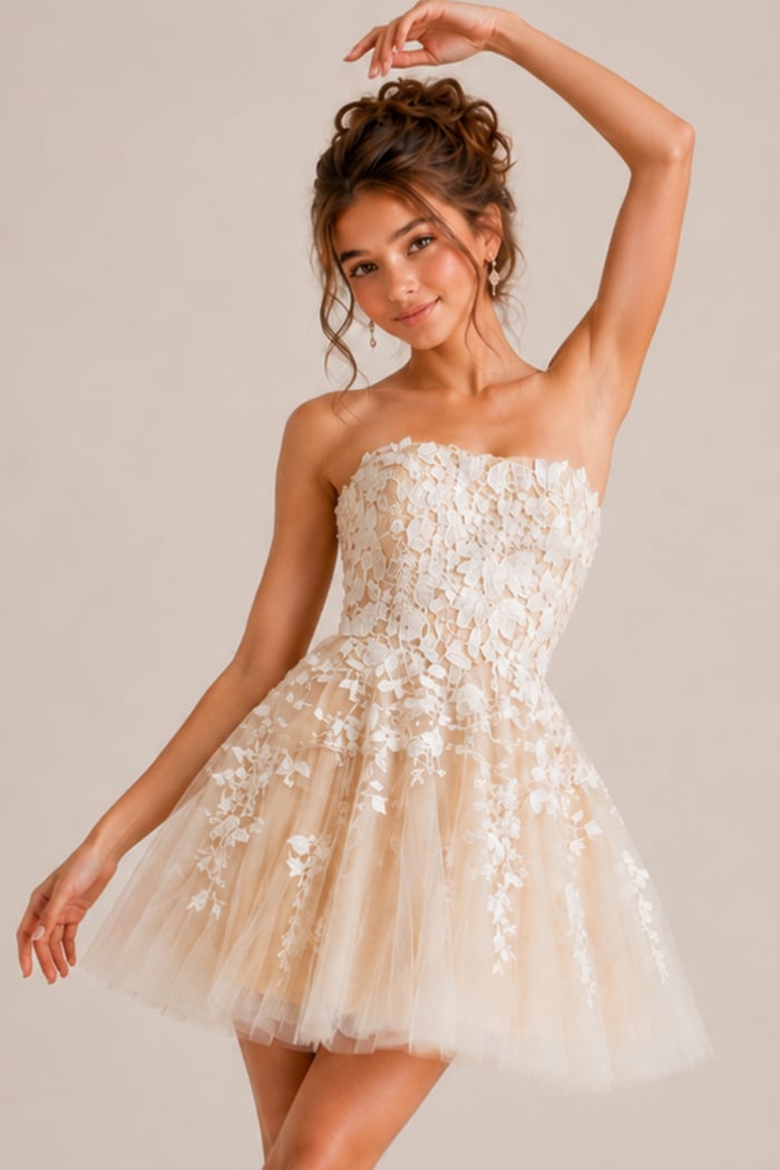ivory crochet floral applique party dress with strapless bodice and full tulle skirt