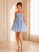 light blue floral lace strapless dress with full tulle a line skirt