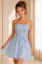 light blue floral applique fit and flare dress with strapless bodice
