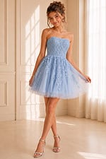 light blue floral lace party dress with flared tulle skirt, front view