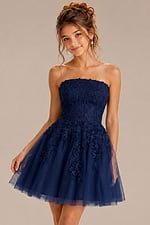 navy floral lace strapless fit and flare girls dress with tulle skirt