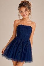 navy floral applique party dress with strapless bodice and full tulle skirt