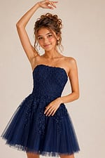 navy floral lace strapless dress with embellished bodice and tulle skirt