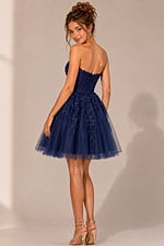 back view of navy floral lace dress with tulle skirt and zip back, full length