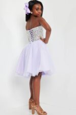 Back view of Jovani K22231 lilac dress with lace-up detail.
