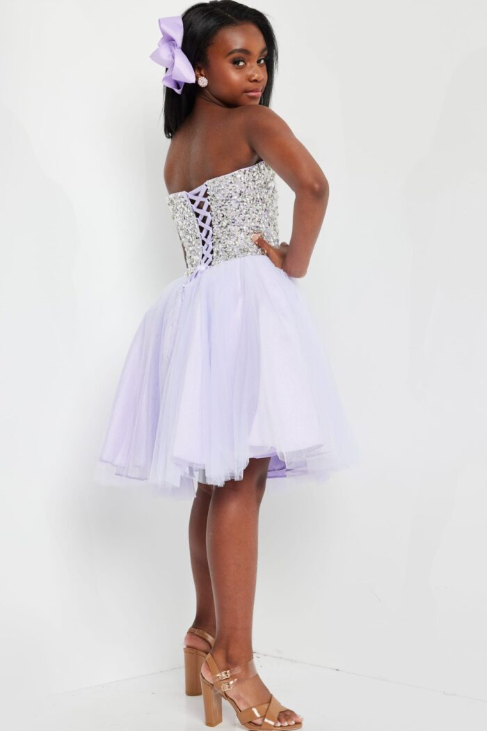Back view of Jovani K22231 lilac dress with lace-up detail.