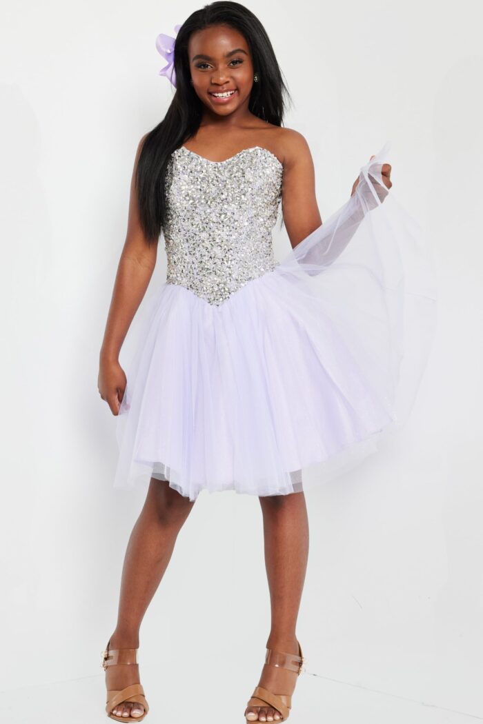 Front shot of Jovani K22231 lilac dress with sequined bodice and tulle skirt.