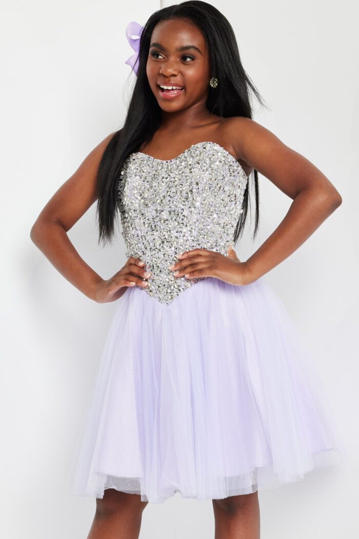 Jovani K22231 lilac dress with sequined bodice and fit-and-flare silhouette.