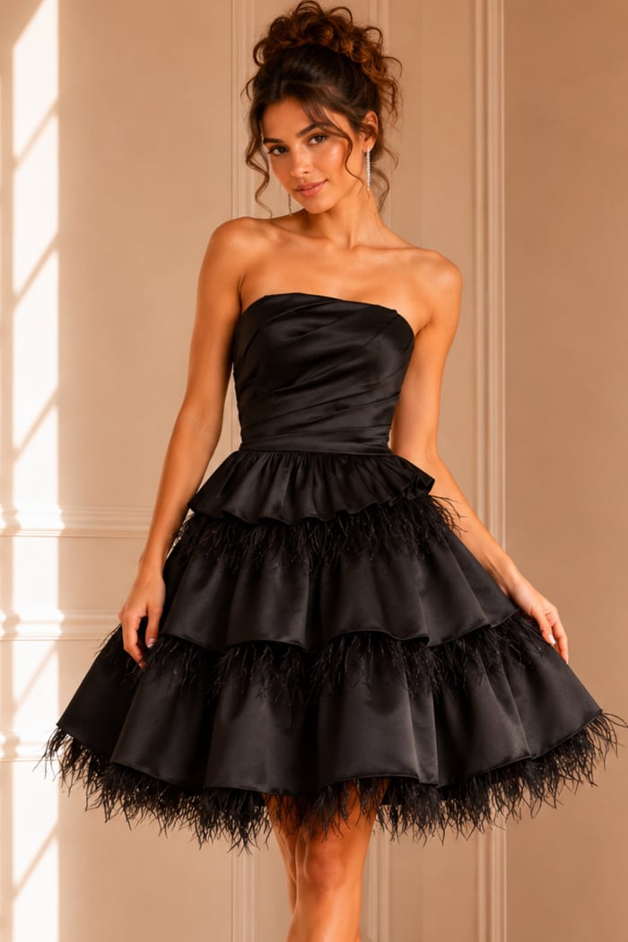 black strapless layered fit and flare dress K22326