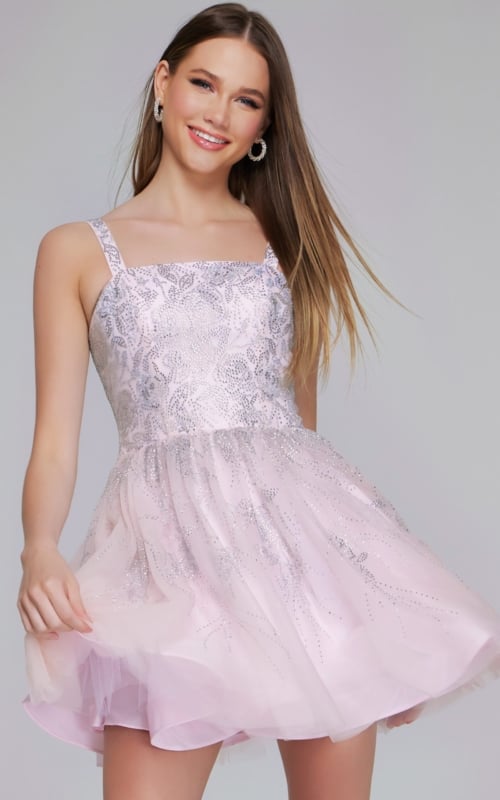 Model wearing K22943 pale pink dress with square neckline and sequin embellishments.