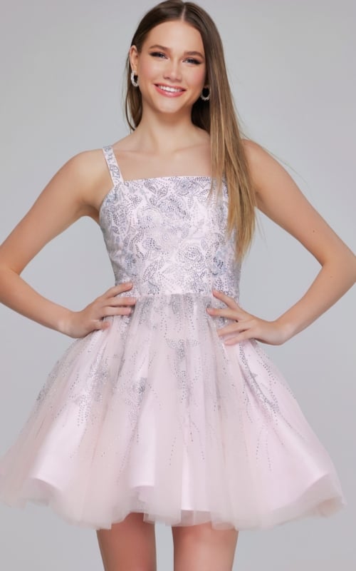Model wearing K22943 pale pink dress, front view showing A-line silhouette.
