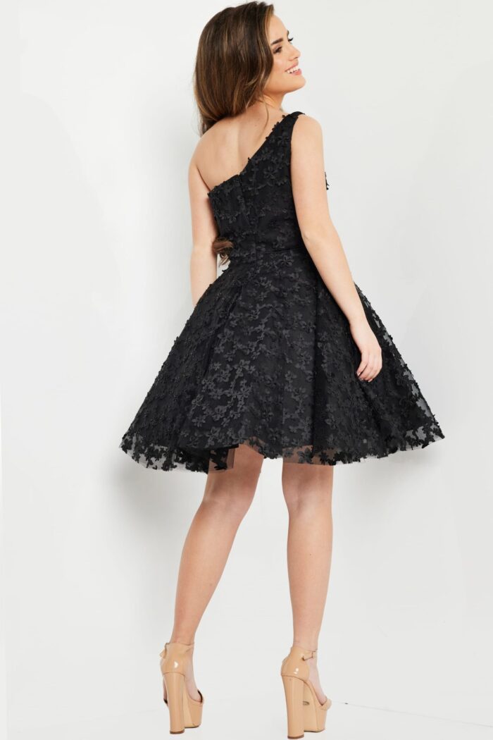 model wearing K23516 black dress back view, focusing on the silhouette and style.