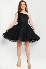 model wearing K23516 black dress in a front pose, highlighting neckline and appliqués.