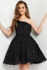 model wearing K23516 black dress, showing a full front view of the design.