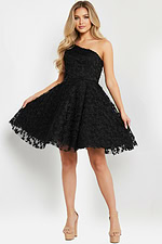 front of a line fit and flare black dress K23516