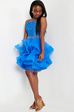 side view of model wearing Jovani K23518 blue dress with embellished waistband