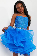 close-up of Jovani K23518 blue dress showing detailed embroidery and ruffles