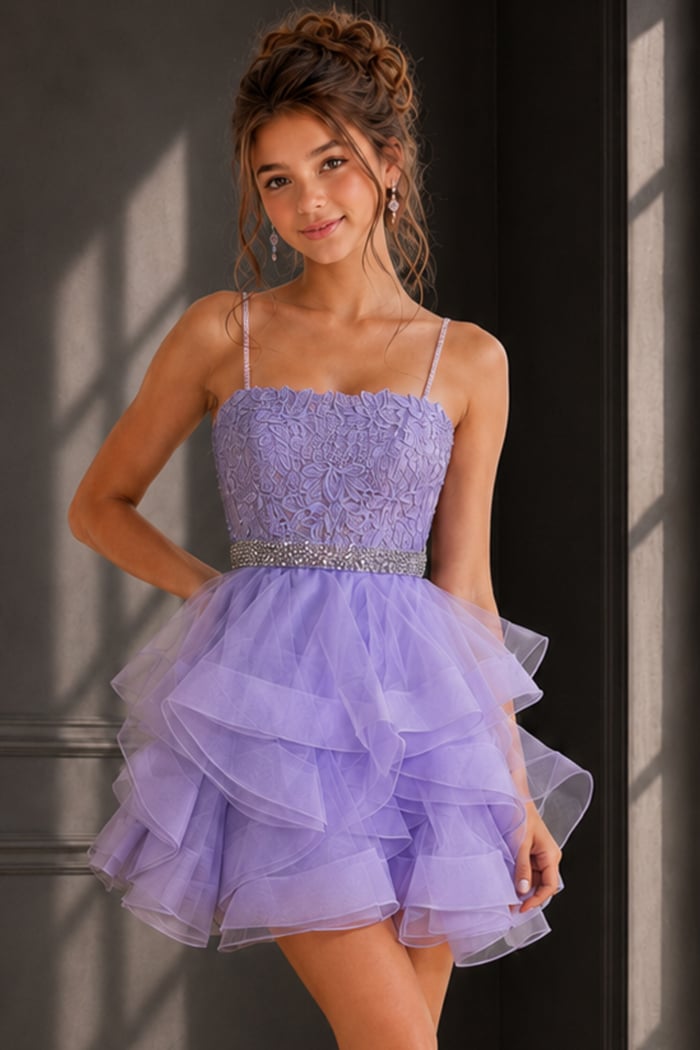 lilac fit and flare dress with lace bodice and ruffled tulle skirt