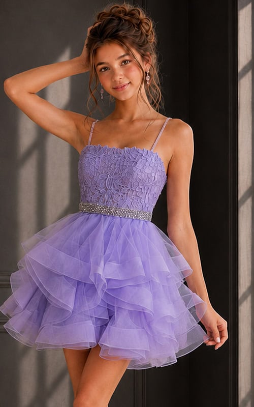 lilac spaghetti strap dress with lace bodice and layered ruffle skirt