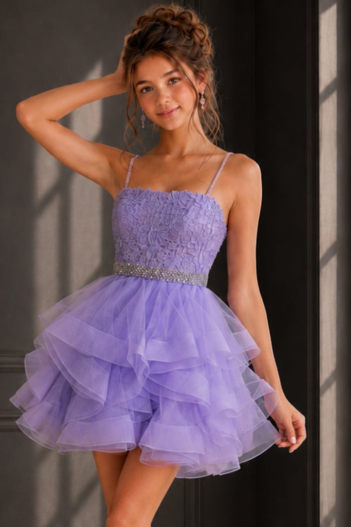 lilac spaghetti strap dress with lace bodice and layered ruffle skirt