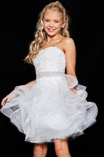 Jovani K23518 white strapless dress with detailed bodice and layers