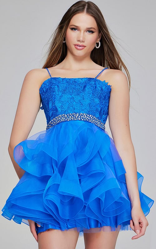 Model wearing Jovani K23518 blue dress with lace bodice and jeweled waist