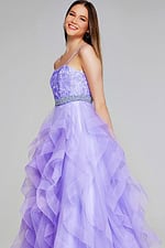 Side angle of Jovani K23519 lilac gown with lace bodice and voluminous A-line skirt.