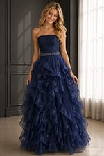 navy strapless ball gown with lace bodice, beaded belt and ruffled skirt