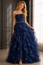 navy ruffle ball gown with lace bodice and crystal waist