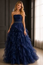 navy lace bodice ball gown with cascading organza ruffles