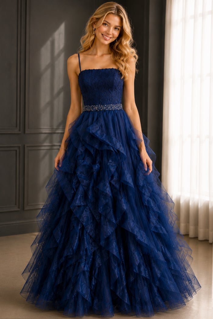 Navy prom gown with lace top, thin straps, and voluminous ruffle skirt.