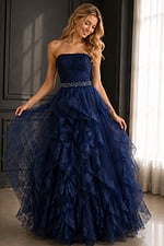 navy strapless ruffle ball gown with beaded belt, front view