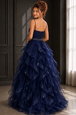 Strapless lace bodice with ruffled tulle skirt and rhinestone waist.