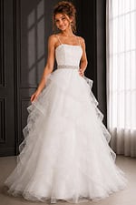 white ruffle ball gown with crystal belt and layered organza skirt
