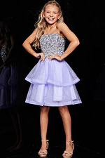model wearing Jovani K23666 lilac layered skirt dress