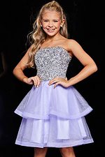 model wearing Jovani K23666 lilac dress with sparkling bodice