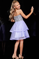 back view of model wearing lilac Jovani K23666 with sequin bodice