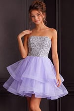 model wearing Jovani K23666 lilac dress with sequin bodice and tiered skirt