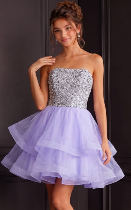 model wearing Jovani K23666 lilac dress with sequin bodice and tiered skirt