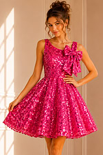 model wearing K23682 fuchsia dress with floral embellishments and shoulder bow, front view